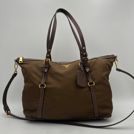 Prada Brown Tessuto and Saffiano Tote with Long Strap
