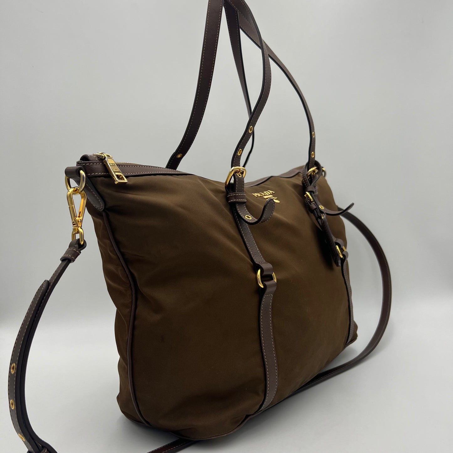 Prada Brown Tessuto and Saffiano Tote with Long Strap
