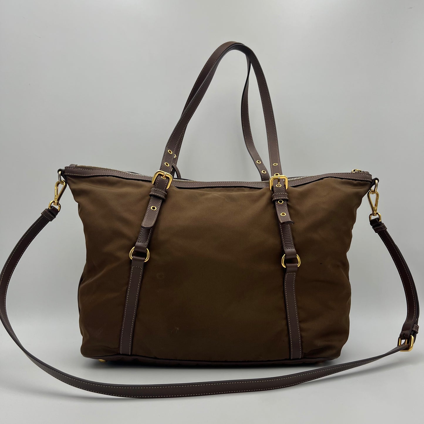 Prada Brown Tessuto and Saffiano Tote with Long Strap