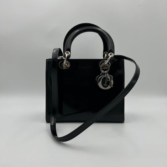 Christian Dior Black Patent Leather Lady Dior with Long Strap SHW