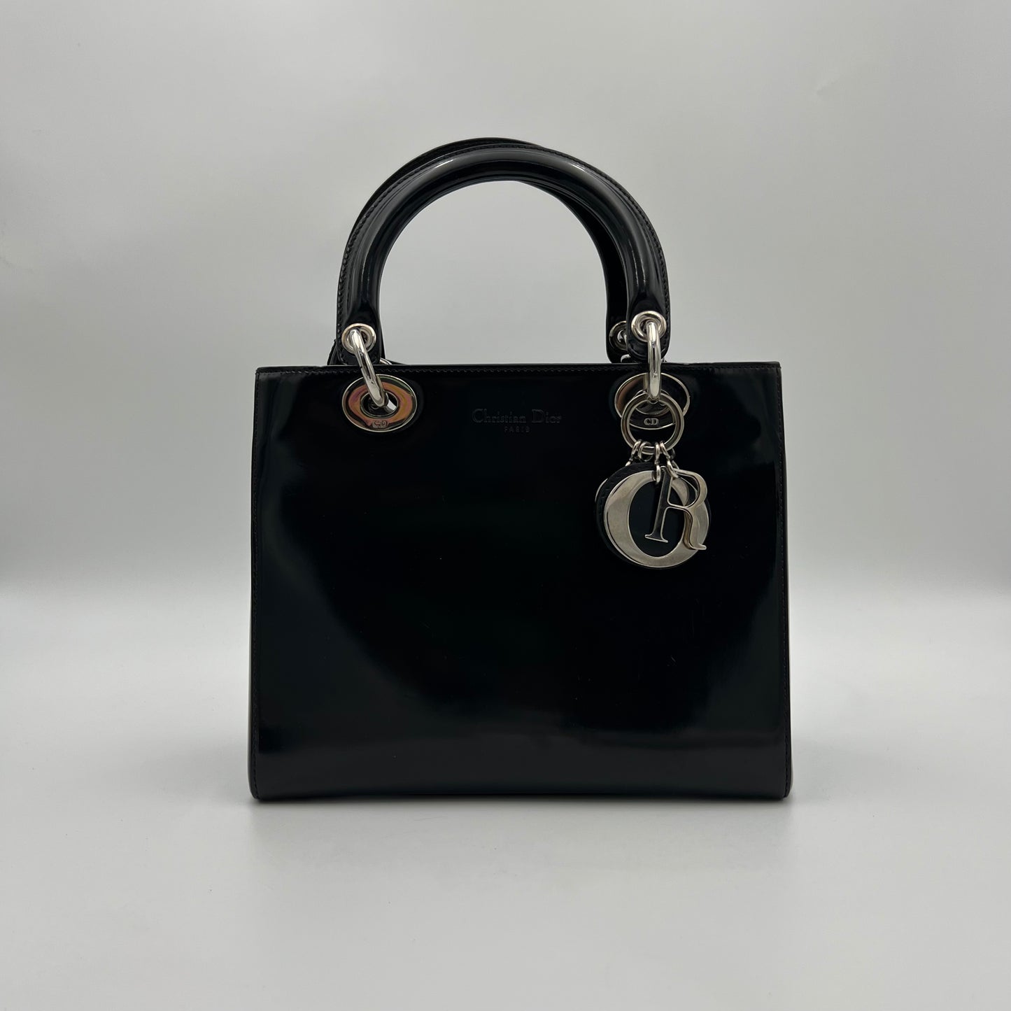 Christian Dior Black Patent Leather Lady Dior with Long Strap SHW