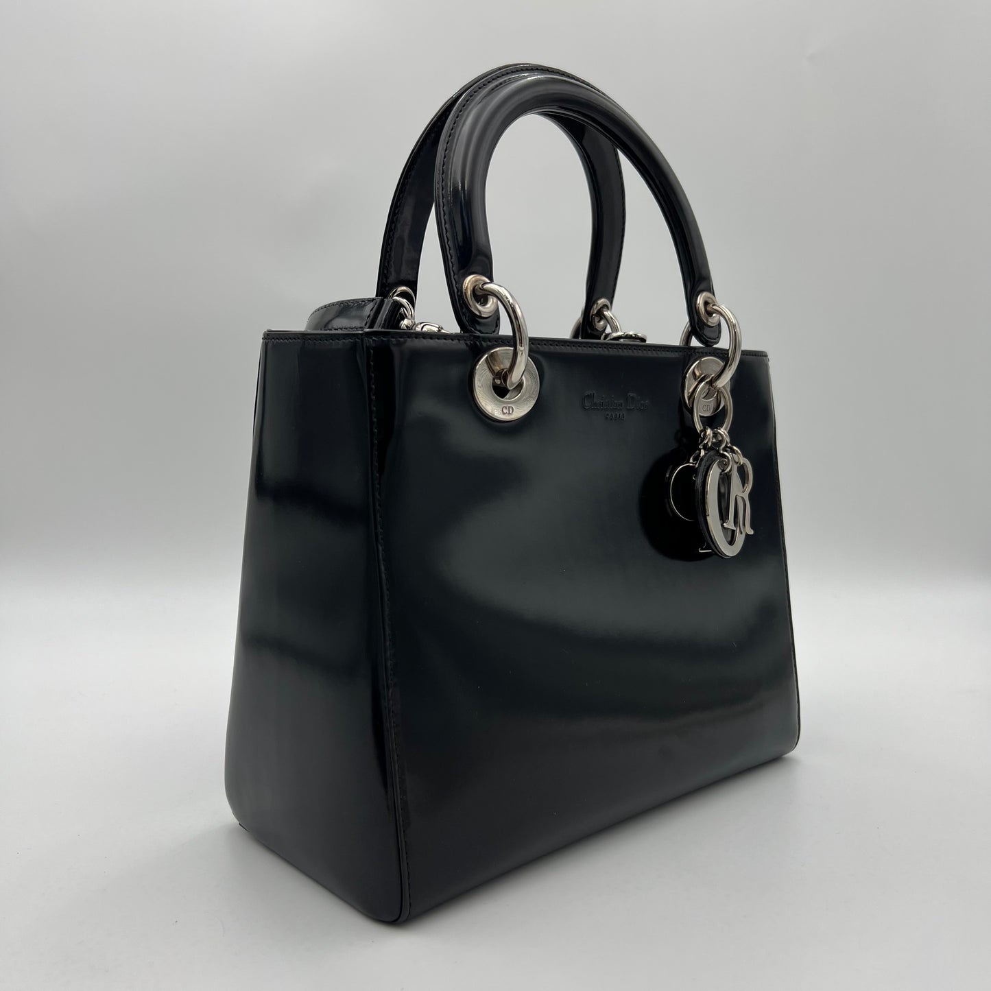 Christian Dior Black Patent Leather Lady Dior with Long Strap SHW
