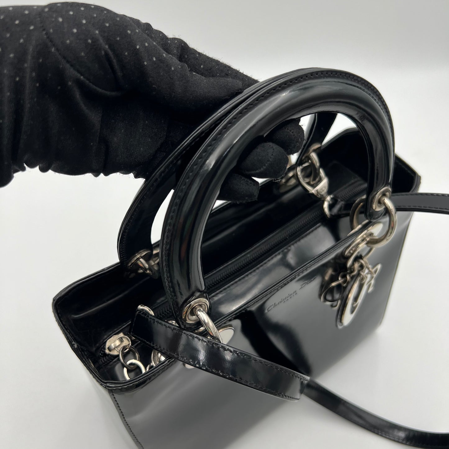 Christian Dior Black Patent Leather Lady Dior with Long Strap SHW