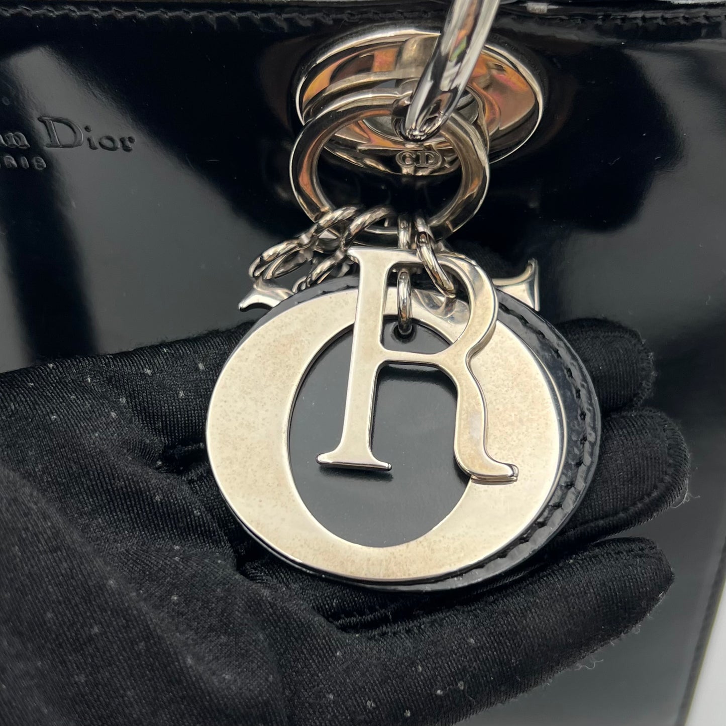 Christian Dior Black Patent Leather Lady Dior with Long Strap SHW