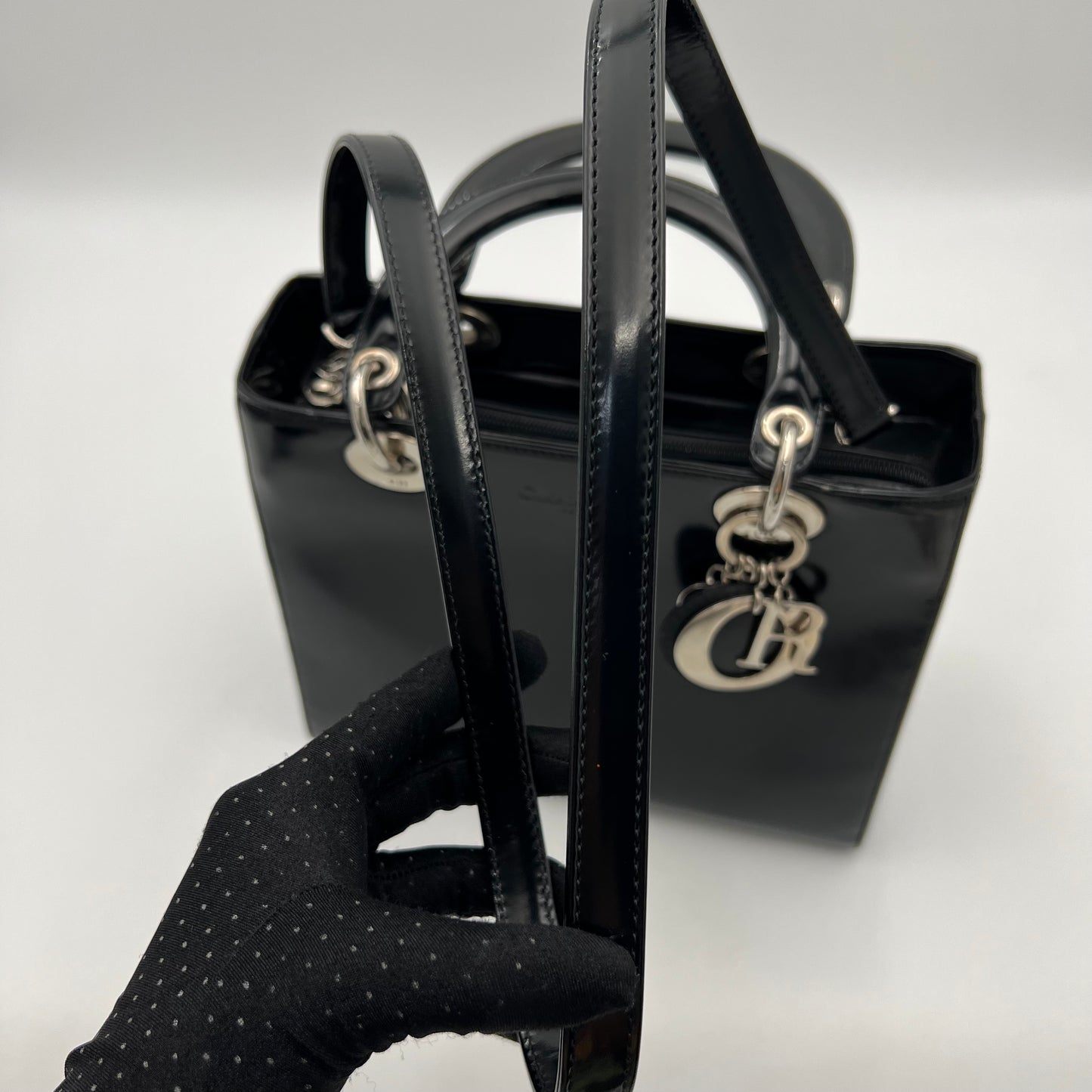 Christian Dior Black Patent Leather Lady Dior with Long Strap SHW