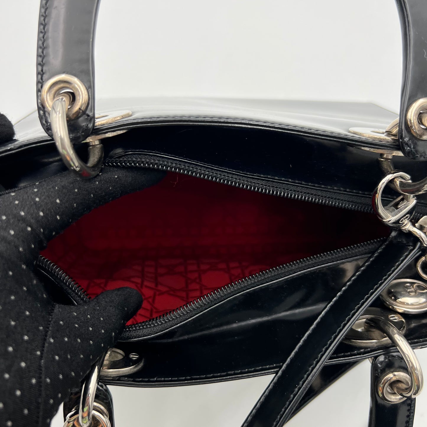 Christian Dior Black Patent Leather Lady Dior with Long Strap SHW
