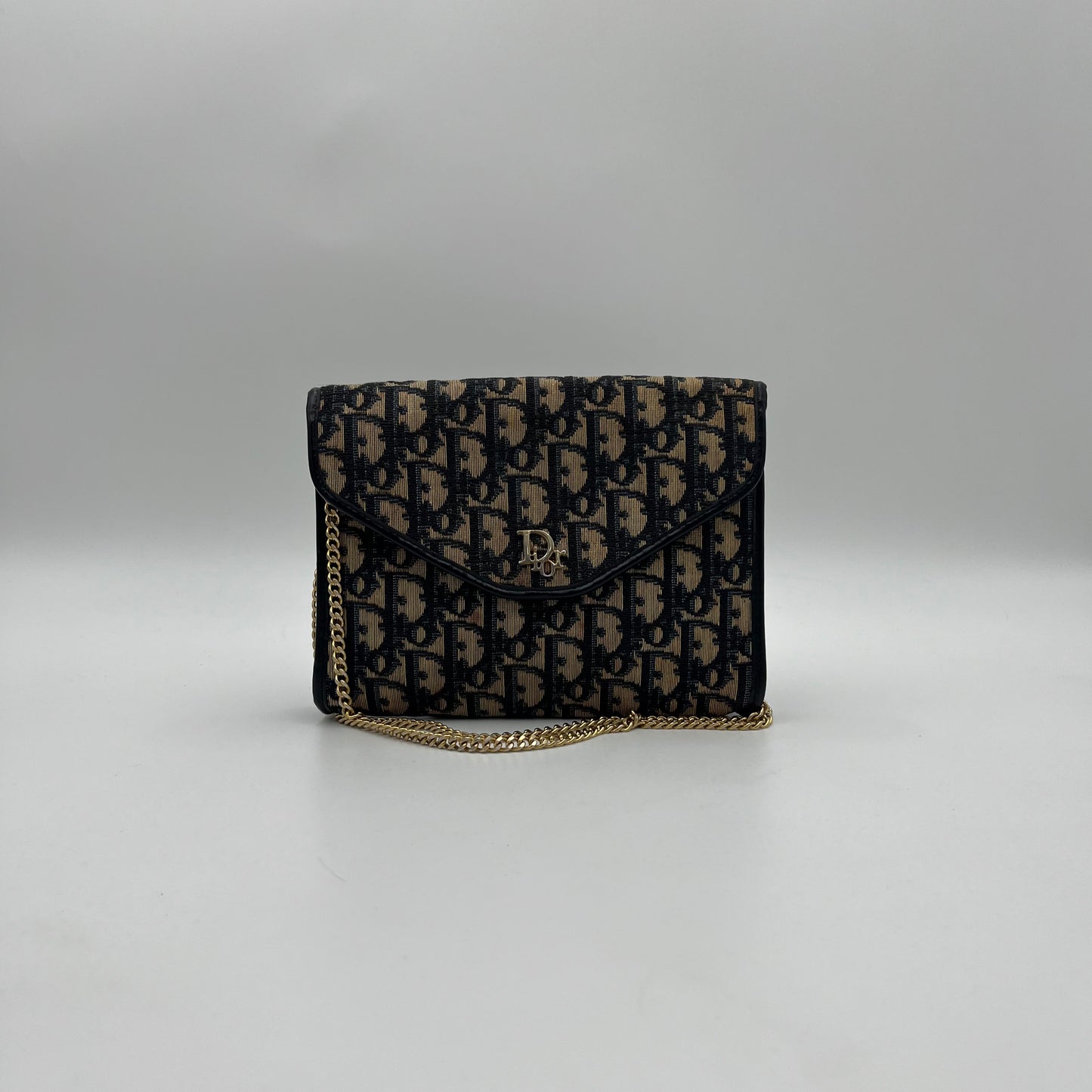 Christian Dior Vintage Blue Trotter Canvas and Leather Logo Envelope Flap Chain Bag