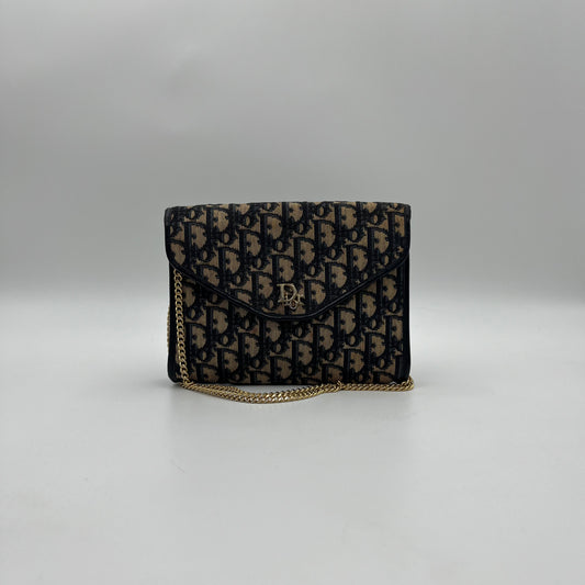 Christian Dior Vintage Blue Trotter Canvas and Leather Logo Envelope Flap Chain Bag