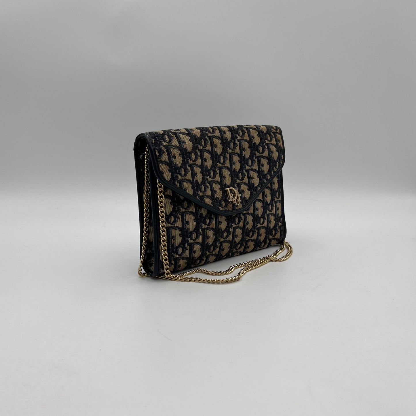 Christian Dior Vintage Blue Trotter Canvas and Leather Logo Envelope Flap Chain Bag