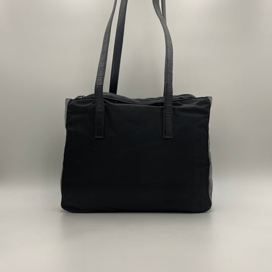 Prada Black Nylon and Croc Embossed Leather Long Strap Tote