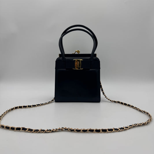 Salvatore Ferragamo Black Leather Top Handle Satchel GHW