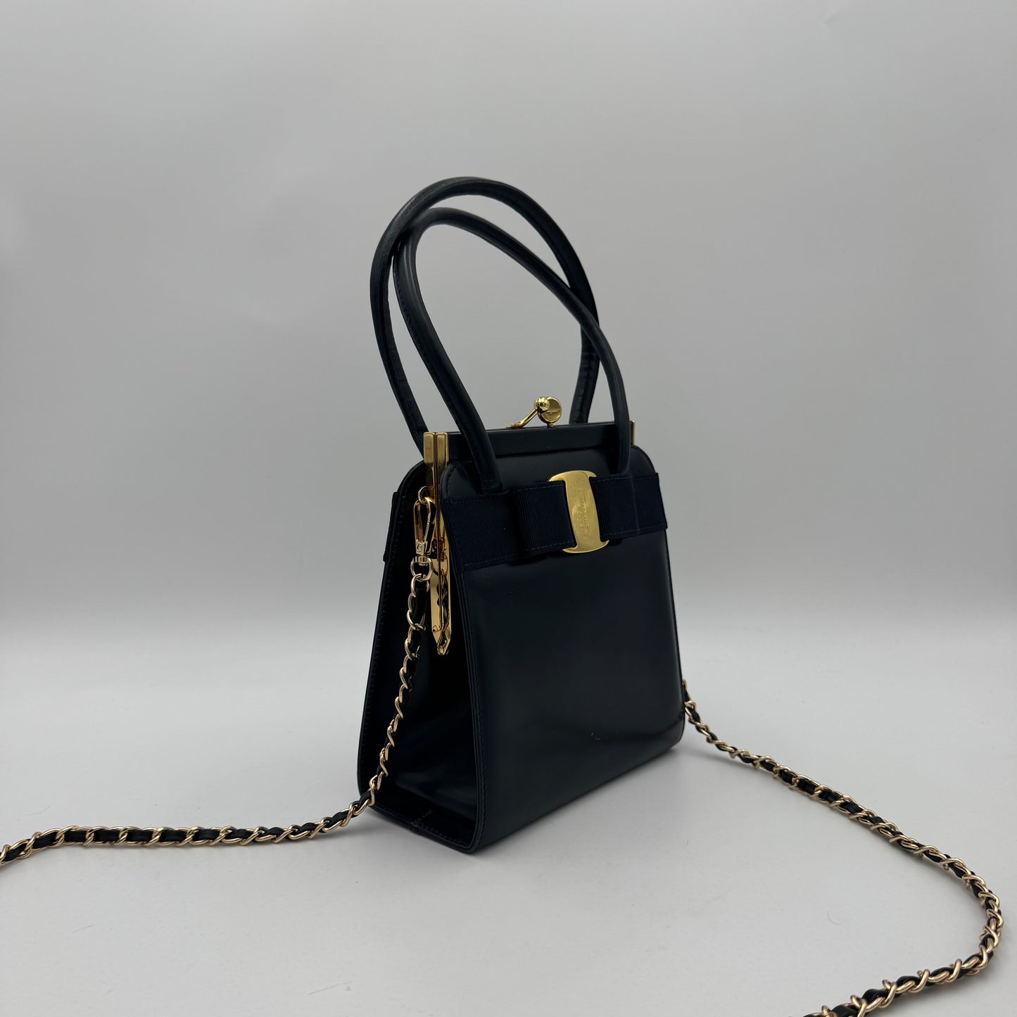 Salvatore Ferragamo Black Leather Top Handle Satchel GHW