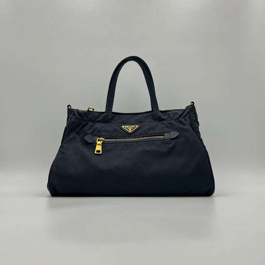 Prada Dark Blue Saffiano and Leather Handbag GHW