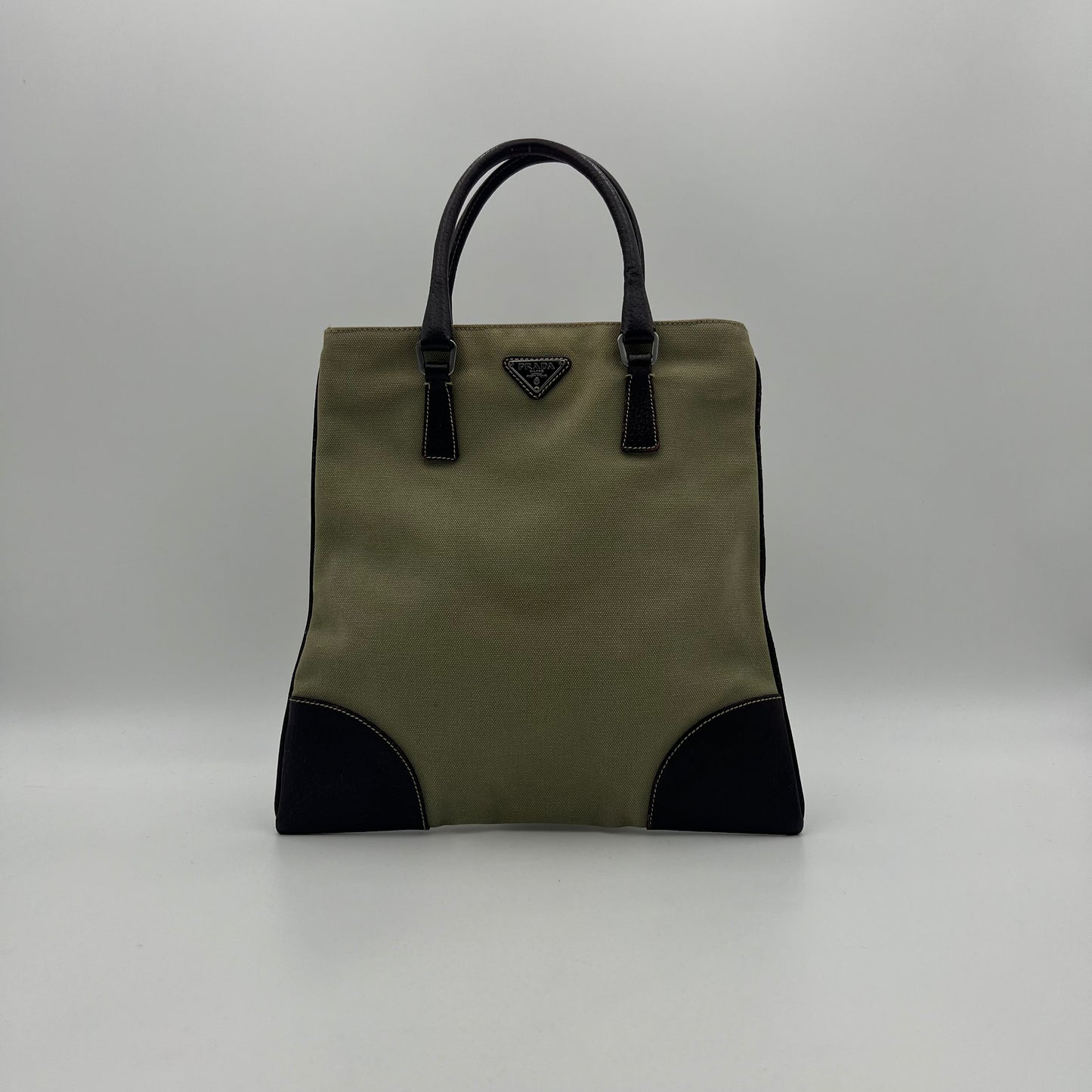 Prada Green Canvas Brown Leather Tote