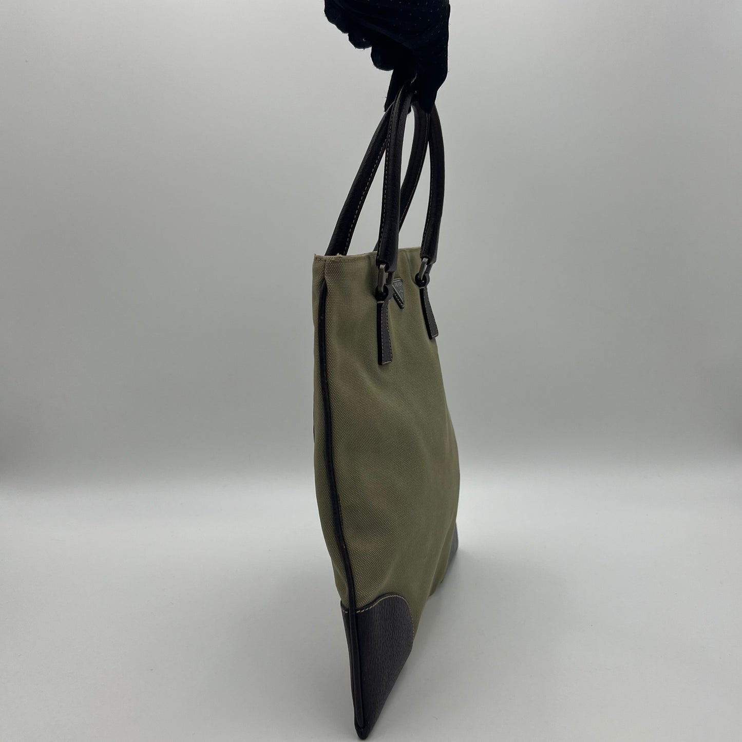 Prada Green Canvas Brown Leather Tote