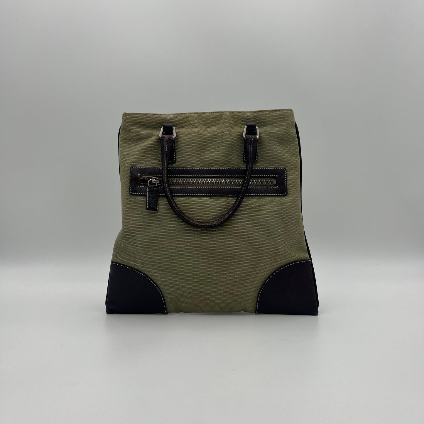 Prada Green Canvas Brown Leather Tote