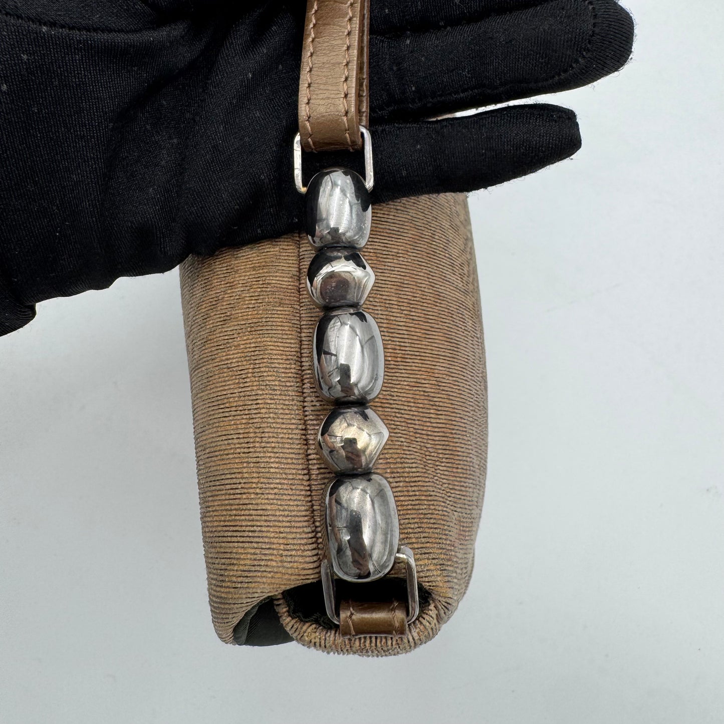 Christian Dior Champagne Metallic Ribbed Fabric Malice Pearl Baguette