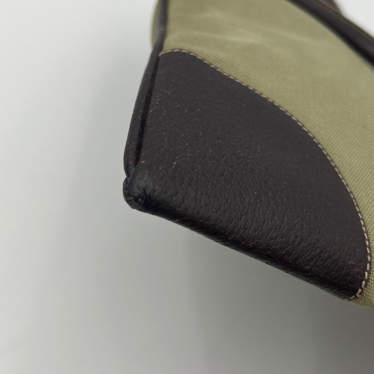 Prada Green Canvas Brown Leather Tote