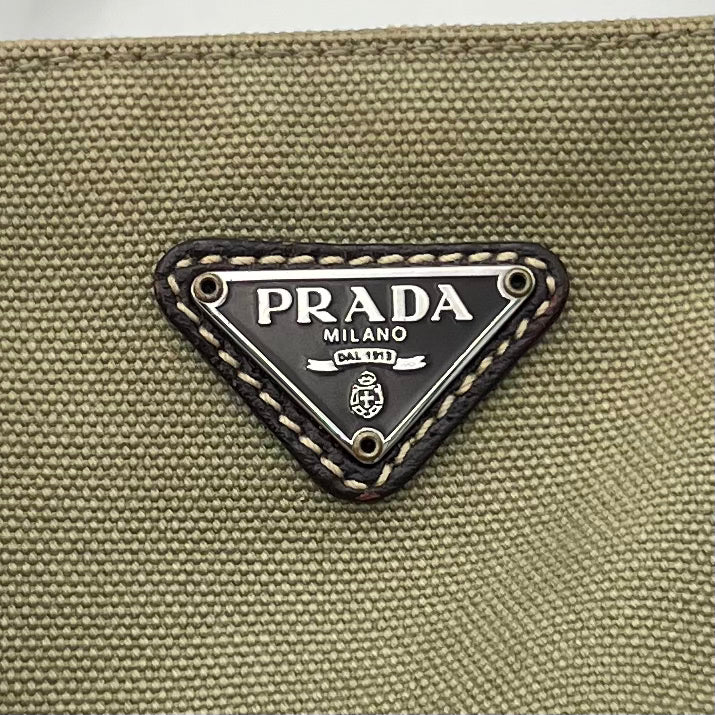 Prada Green Canvas Brown Leather Tote