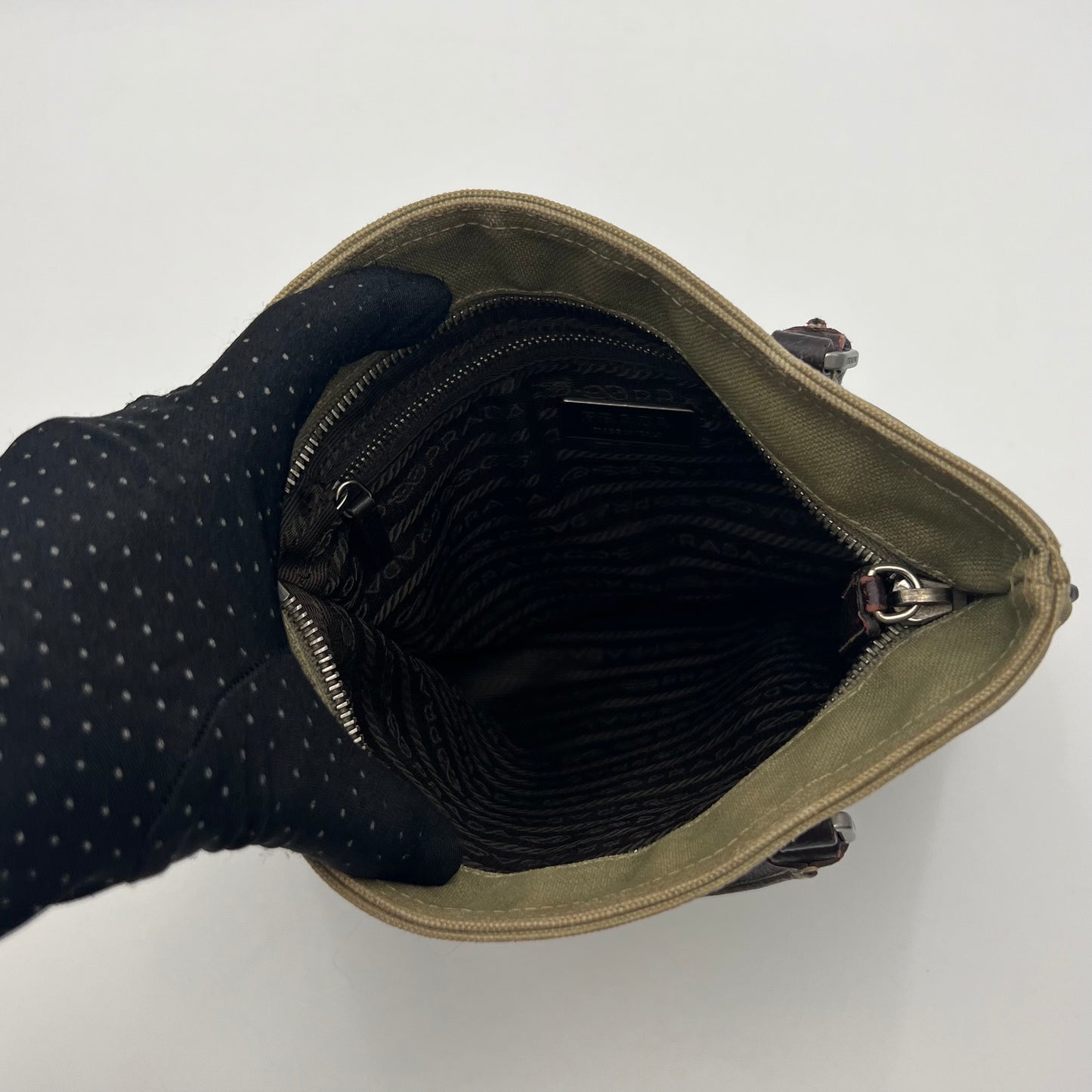 Prada Green Canvas Brown Leather Tote