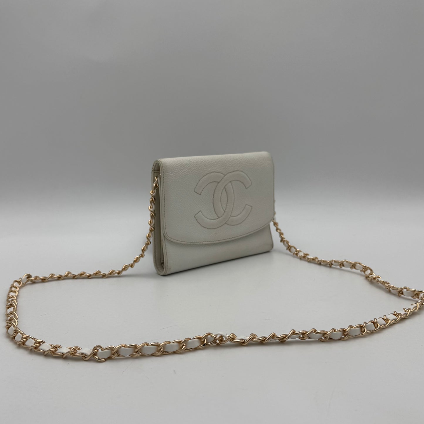 Chanel White Caviar Timeless CC Stitch Trifold Wallet