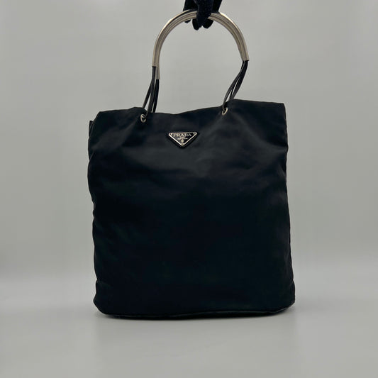 Prada Black Nylon Metal Handle Tote