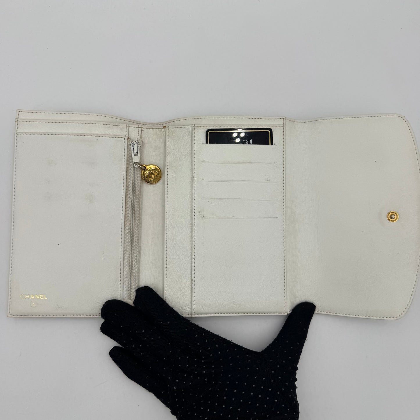 Chanel White Caviar Timeless CC Stitch Trifold Wallet