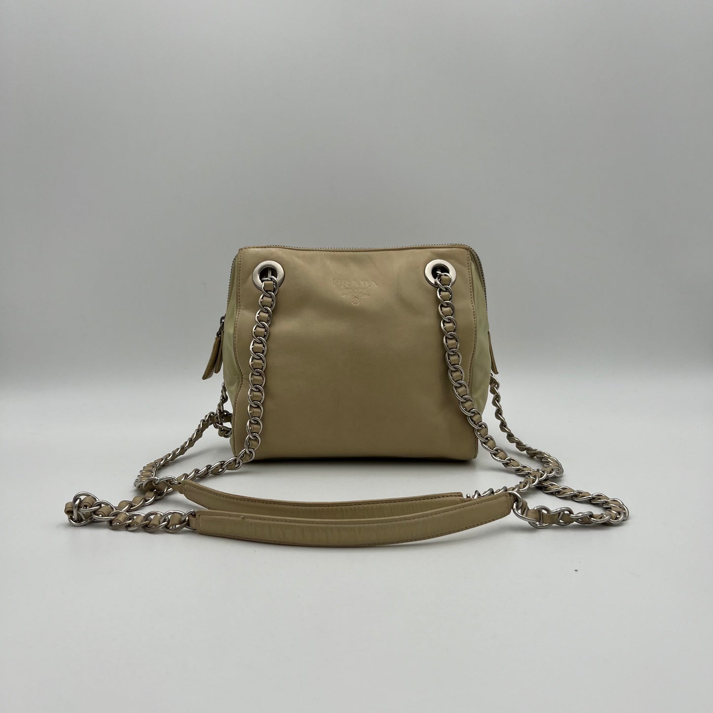Prada Beige Lino Nappa Leather and Nylon Small Zip Chain Bag