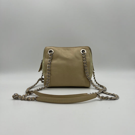 Prada Beige Lino Nappa Leather and Nylon Small Zip Chain Bag