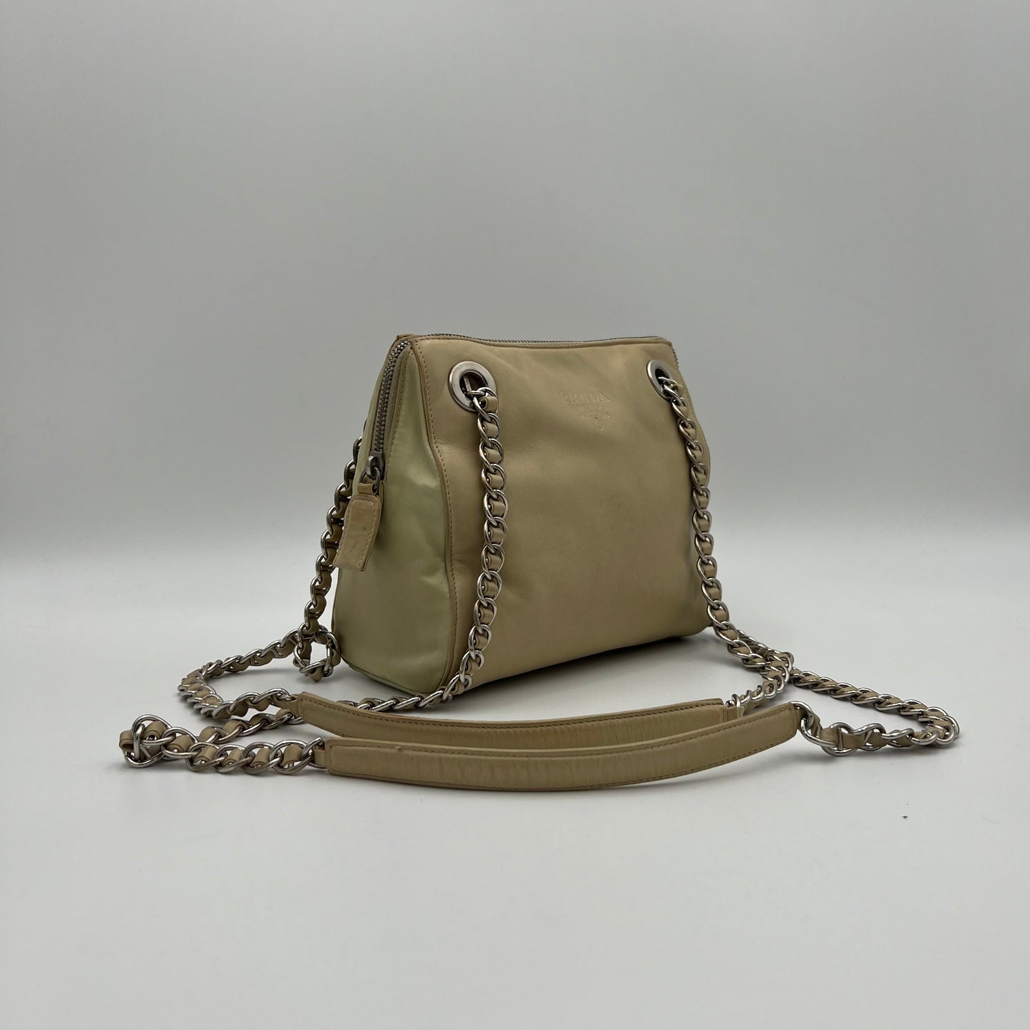 Prada Beige Lino Nappa Leather and Nylon Small Zip Chain Bag
