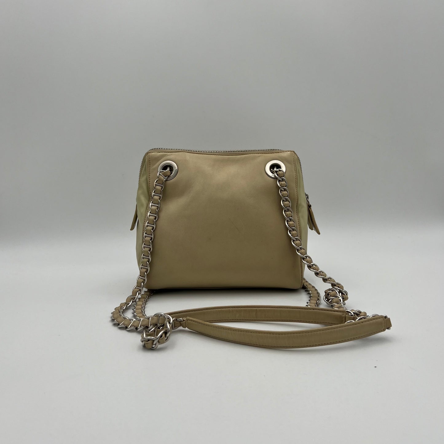 Prada Beige Lino Nappa Leather and Nylon Small Zip Chain Bag