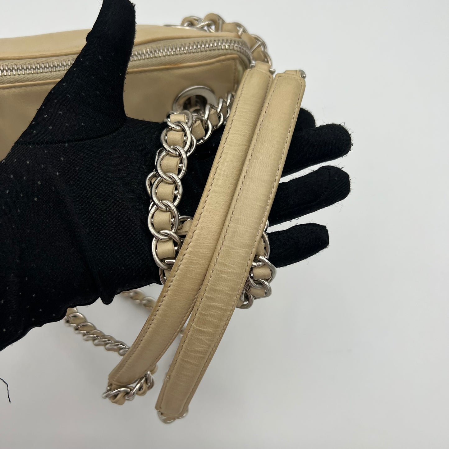 Prada Beige Lino Nappa Leather and Nylon Small Zip Chain Bag