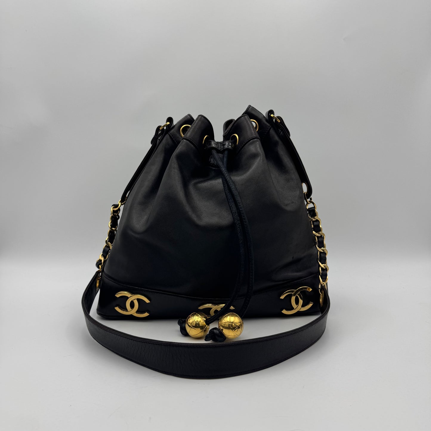Chanel Vintage Black Lambskin Triple CC Drawstring Bucket Bag