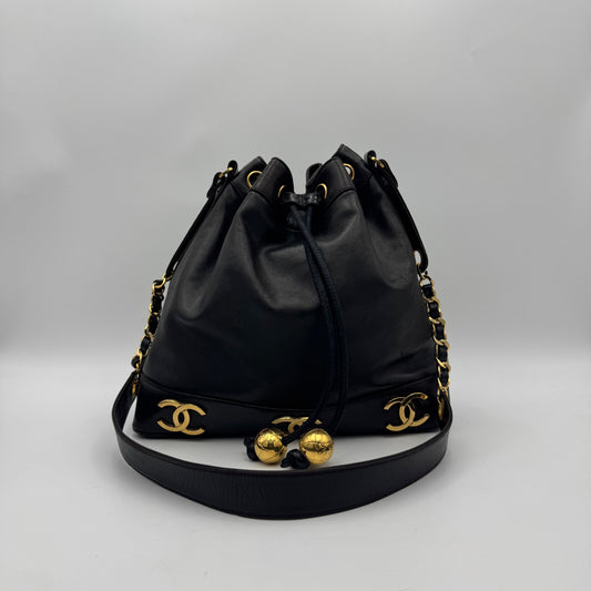 Chanel Vintage Black Lambskin Triple CC Drawstring Bucket Bag