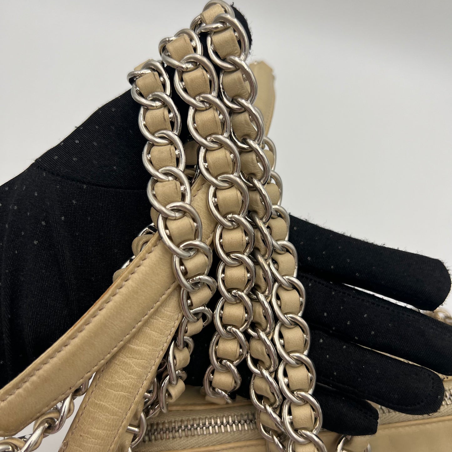 Prada Beige Lino Nappa Leather and Nylon Small Zip Chain Bag