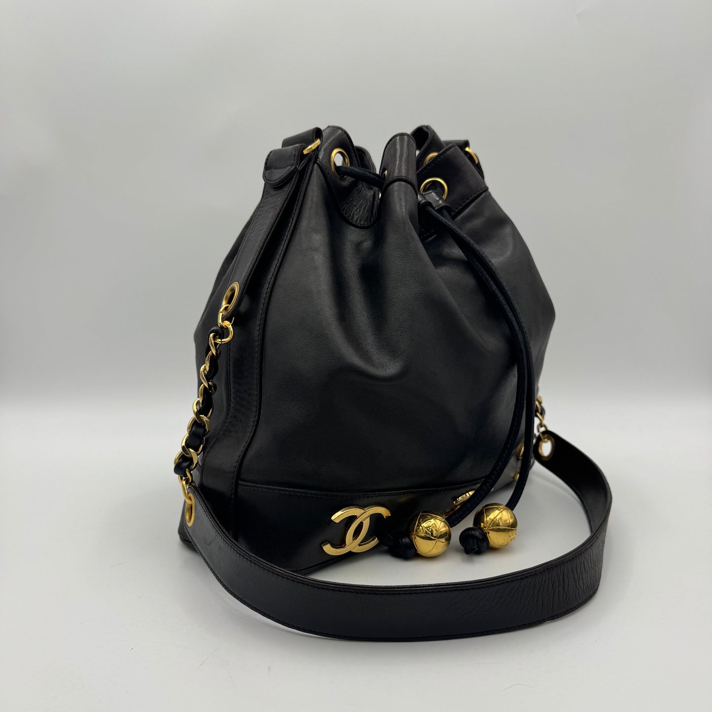 Chanel Vintage Black Lambskin Triple CC Drawstring Bucket Bag
