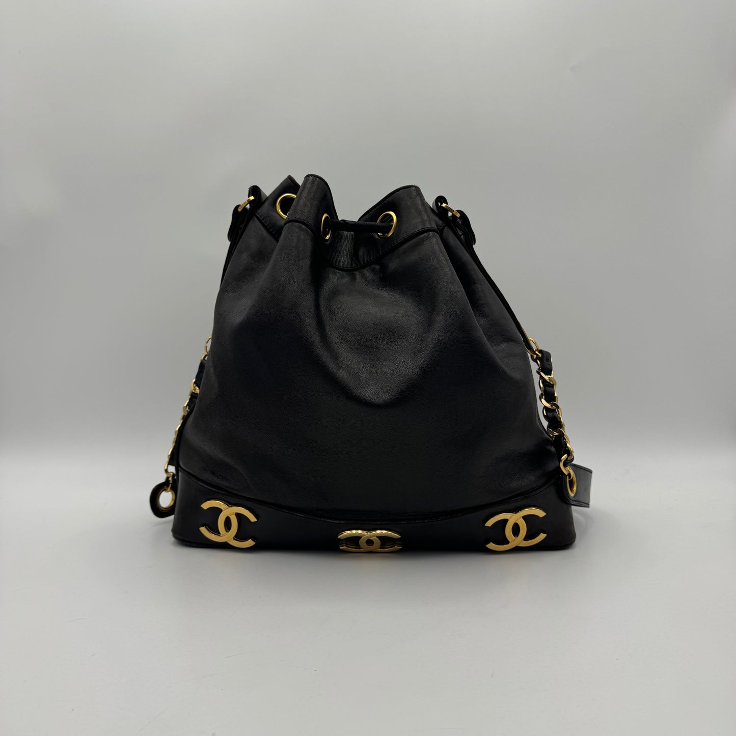 Chanel Vintage Black Lambskin Triple CC Drawstring Bucket Bag