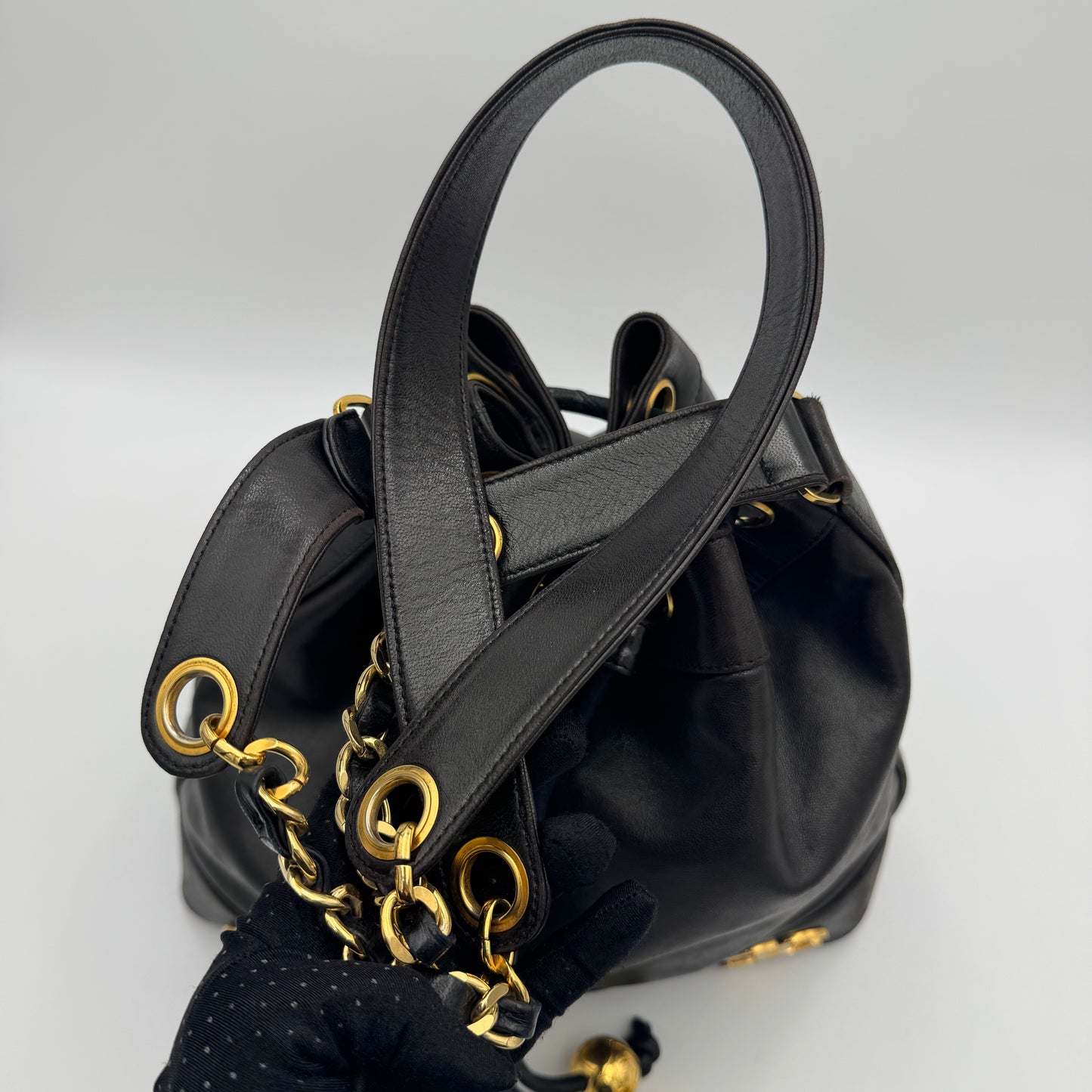 Chanel Vintage Black Lambskin Triple CC Drawstring Bucket Bag