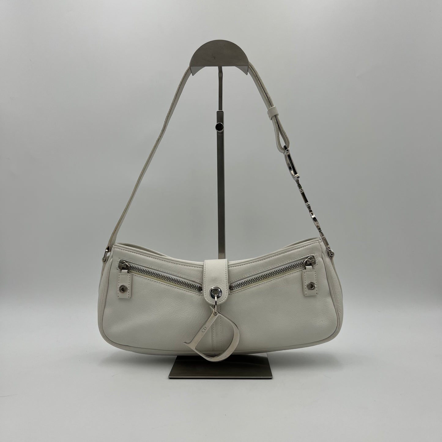 Christian Dior White Leather D Charm Spellout Shoulder Bag