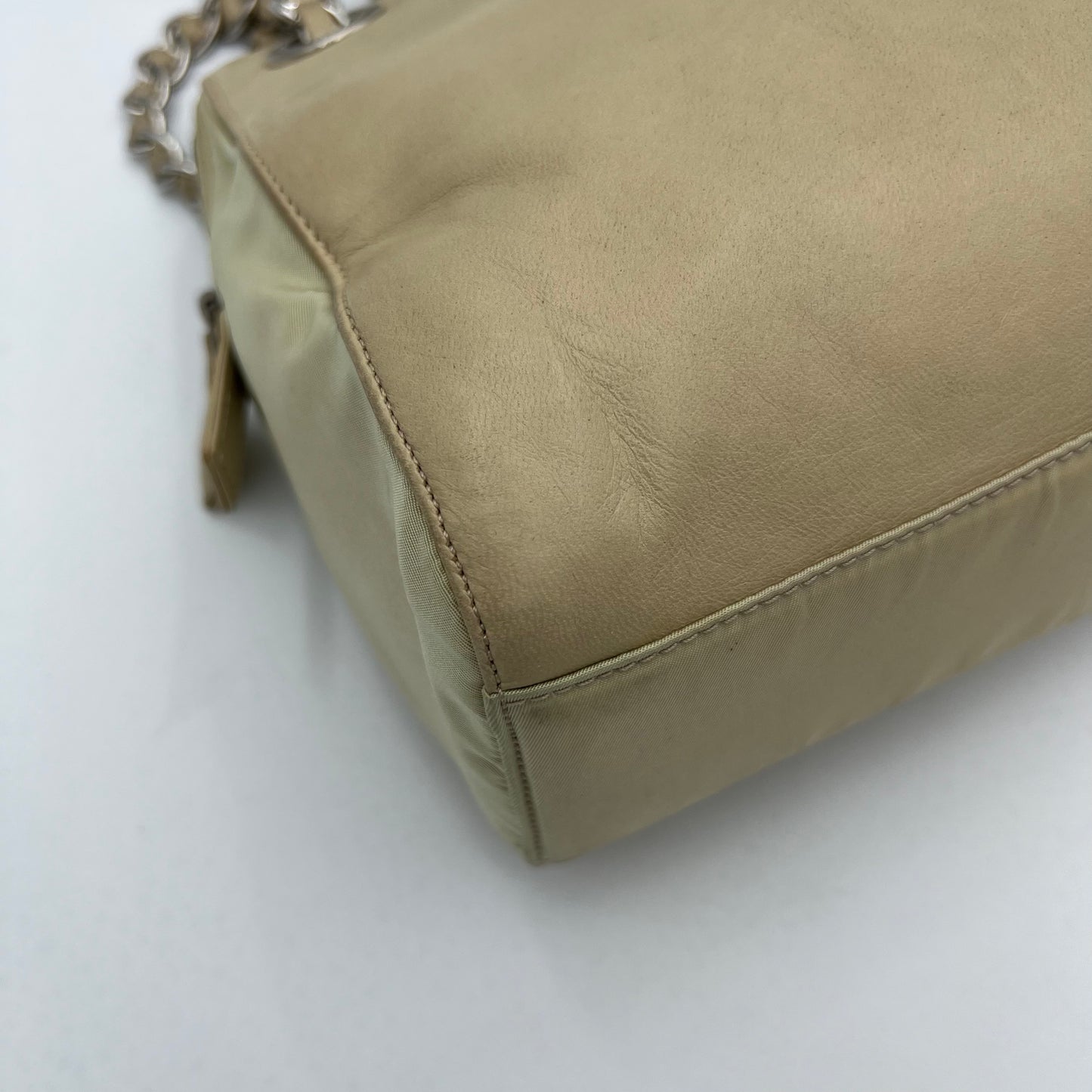 Prada Beige Lino Nappa Leather and Nylon Small Zip Chain Bag