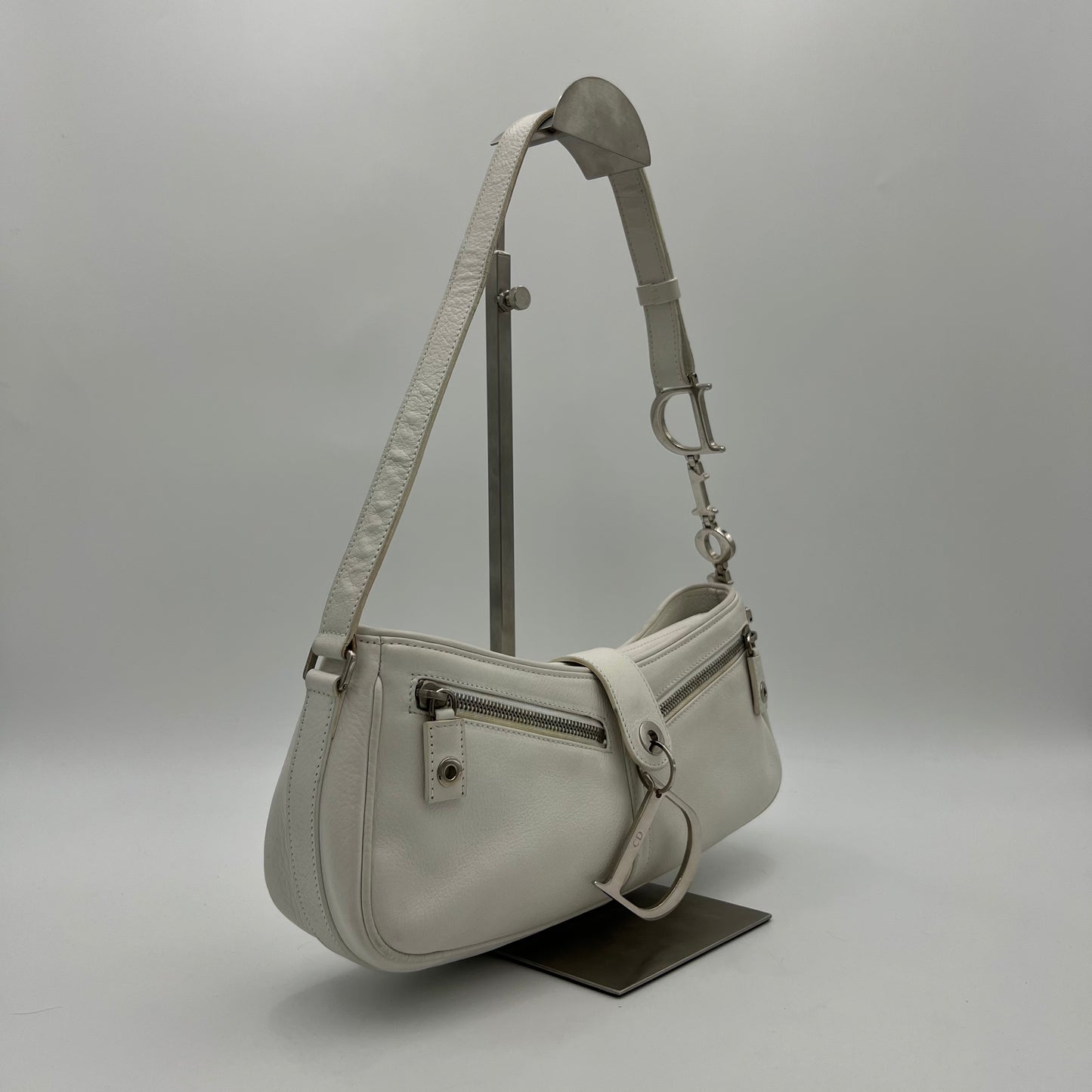 Christian Dior White Leather D Charm Spellout Shoulder Bag
