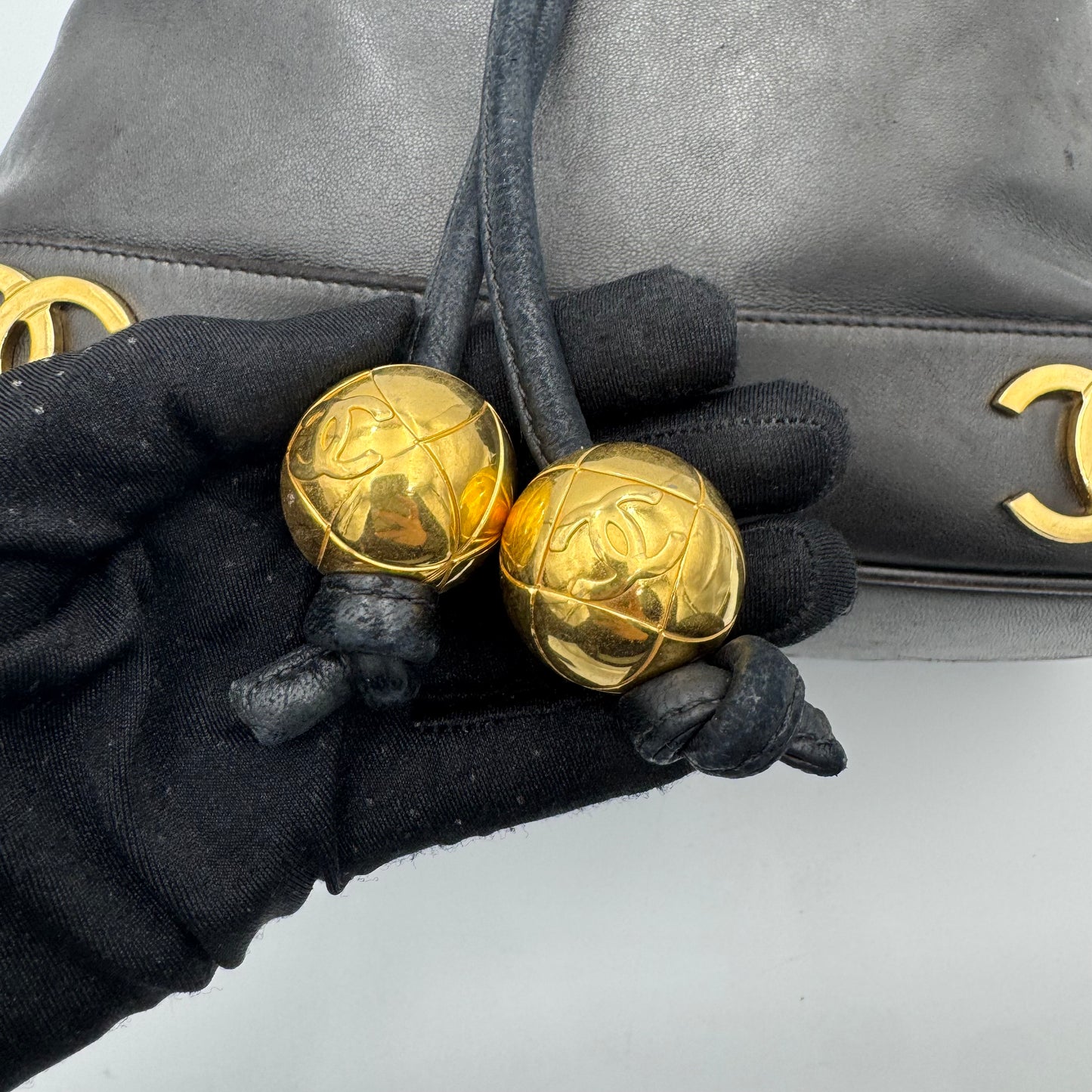 Chanel Vintage Black Lambskin Triple CC Drawstring Bucket Bag