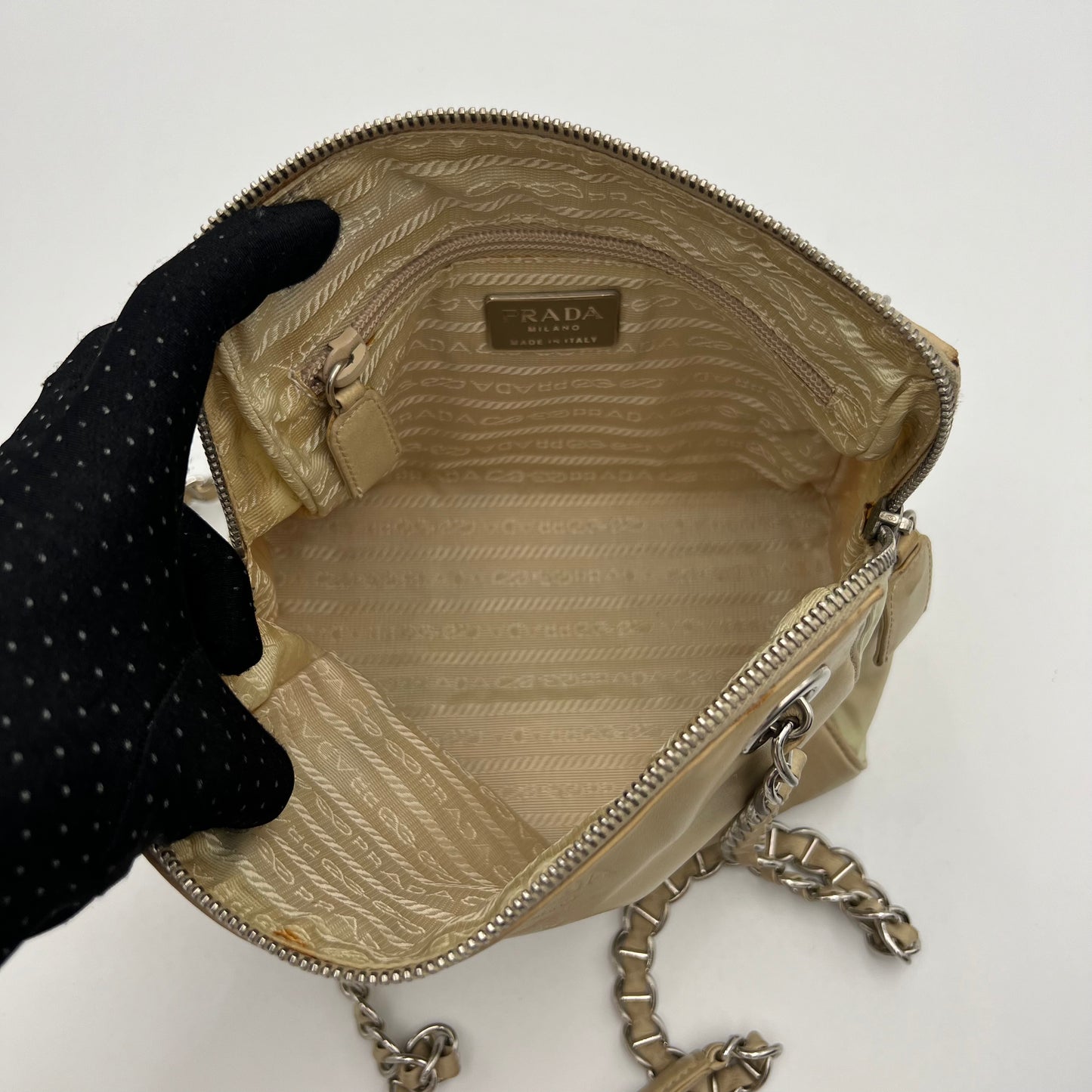 Prada Beige Lino Nappa Leather and Nylon Small Zip Chain Bag