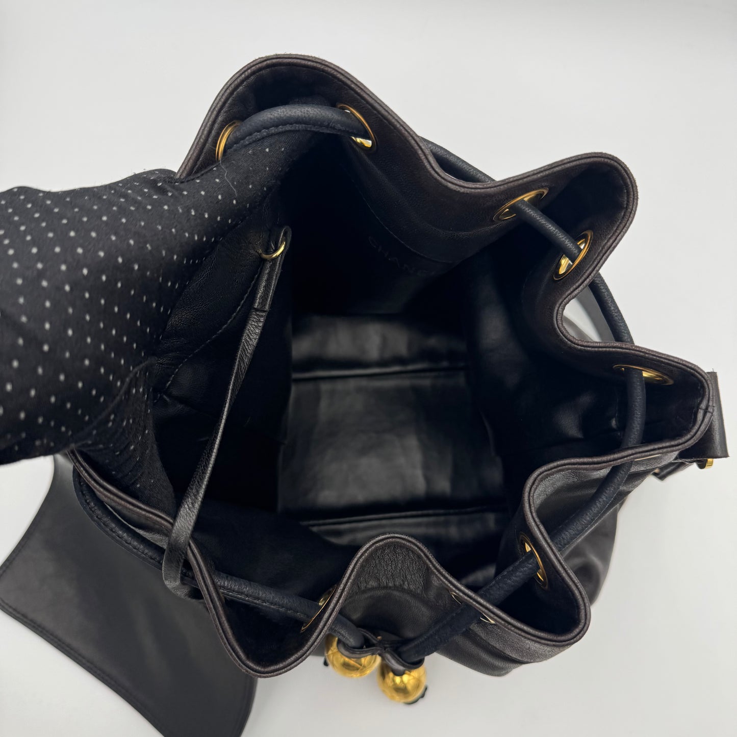 Chanel Vintage Black Lambskin Triple CC Drawstring Bucket Bag