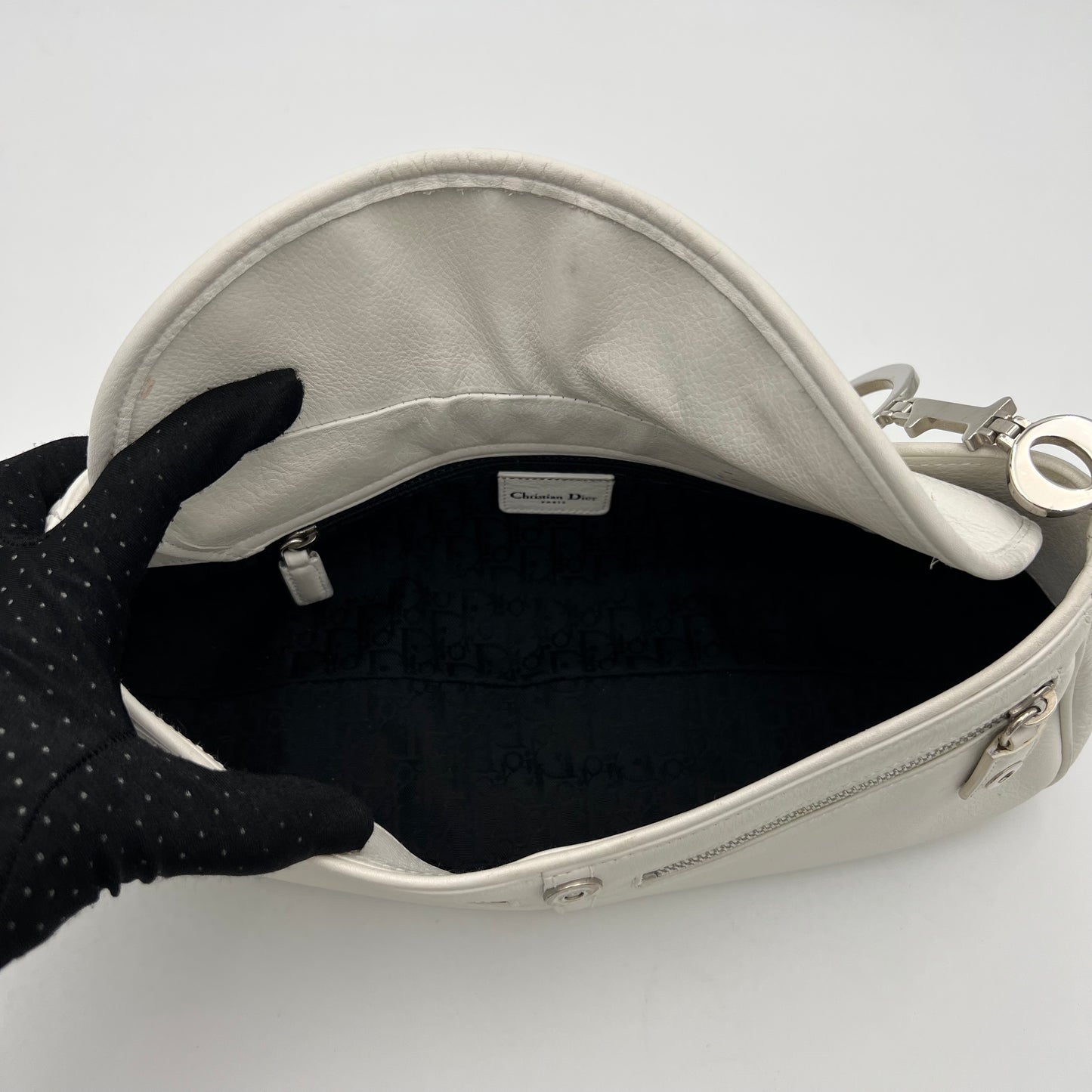 Christian Dior White Leather D Charm Spellout Shoulder Bag