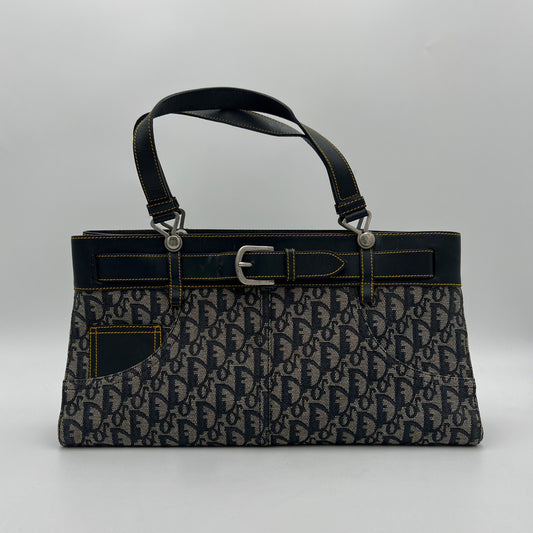 Christian Dior by John Galliano Navy Blue Trotter Canvas and Leather Jeans Pocket Handbag