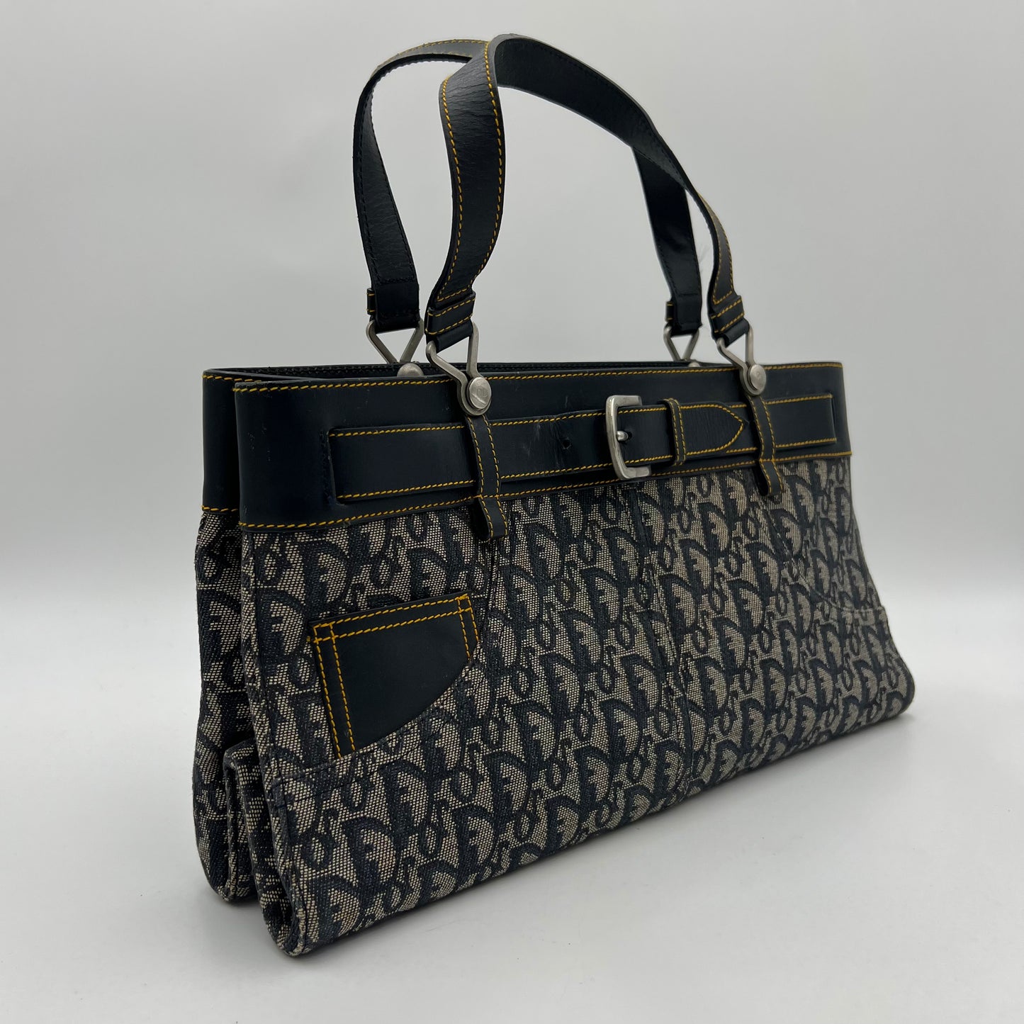 Christian Dior by John Galliano Navy Blue Trotter Canvas and Leather Jeans Pocket Handbag