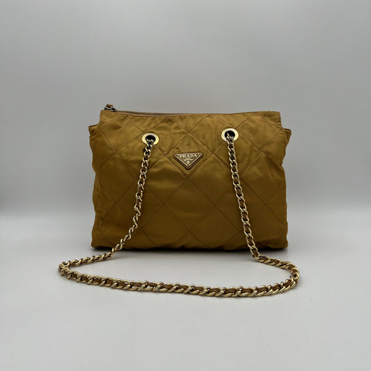 Prada Mustard Yellow Quilted Nylon Zip Chain Bag GHW