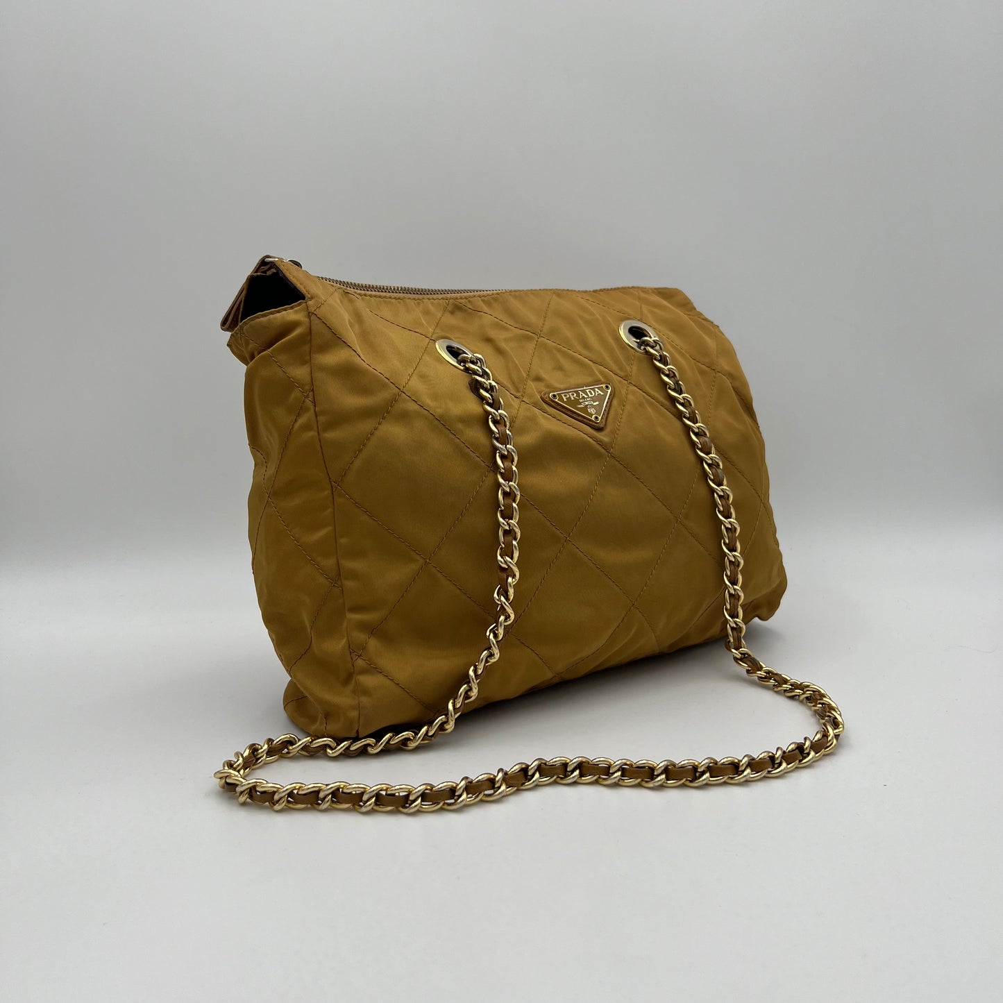 Prada Mustard Yellow Quilted Nylon Zip Chain Bag GHW