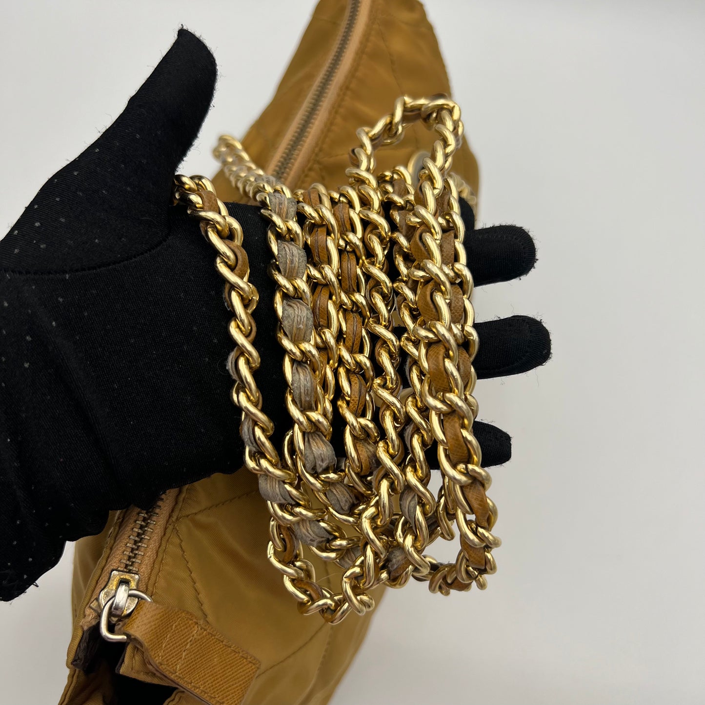 Prada Mustard Yellow Quilted Nylon Zip Chain Bag GHW